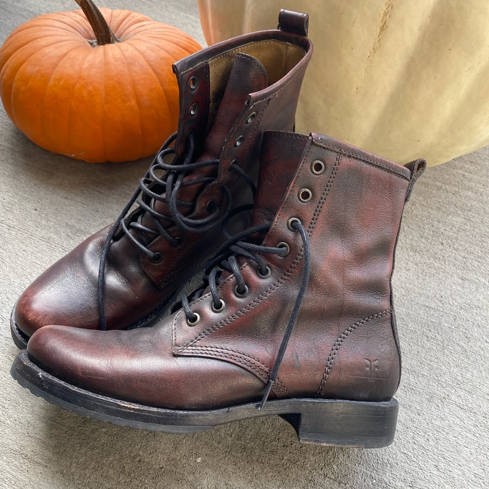 Frye Veronica Combat boot in a burgundy like color. Originally $300